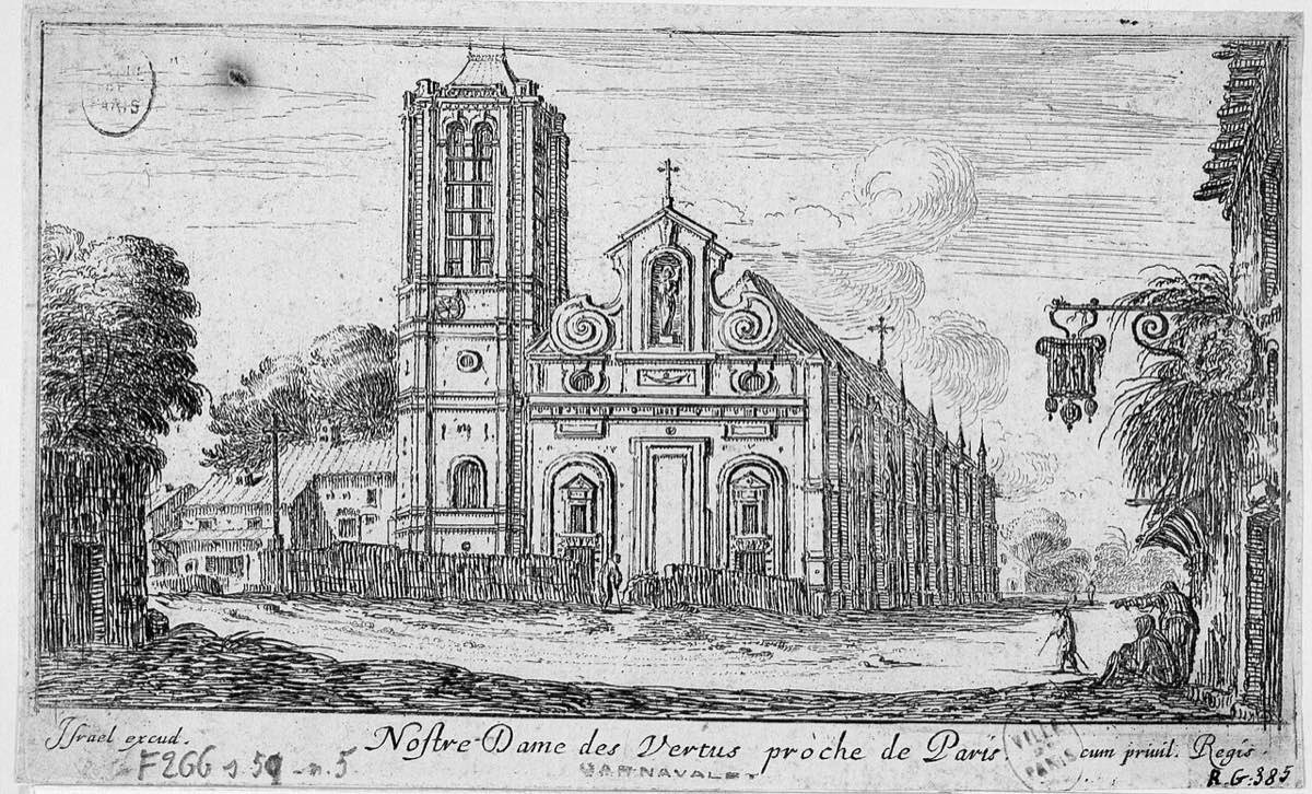 Gravure du XVIIe siècle montrant l'église Notre-Dame des Vertus, son clocher et sa façade, dans le village d'Aubervilliers