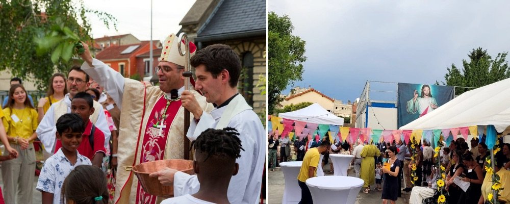 Deux photos de la bénédiction du chantier : Mgr Guillet, mitre en tête, bénit l'assemblée avec un rameau, puis la fête en plein air sous des fanions colorés