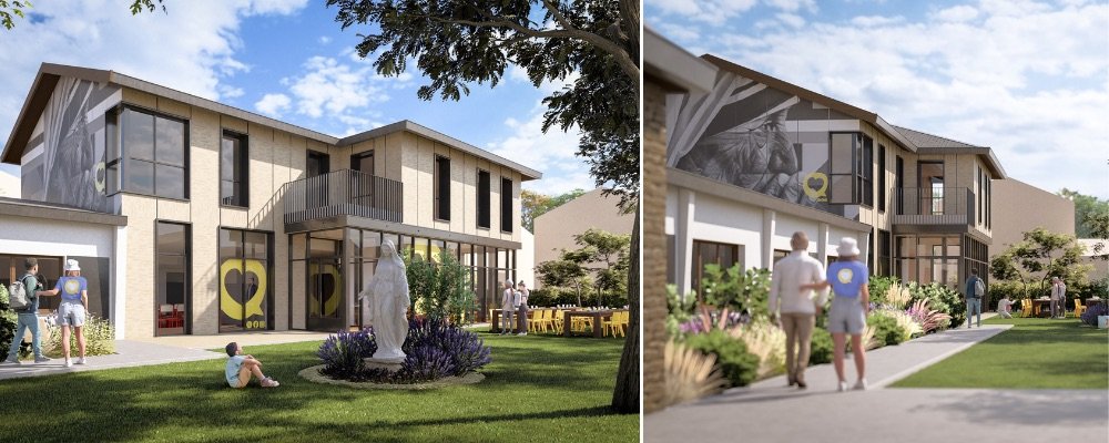 Deux vues d'architecte du futur Centre Misericordia : un bâtiment clair à étage, un jardin avec une statue de la Vierge, des passants et une terrasse