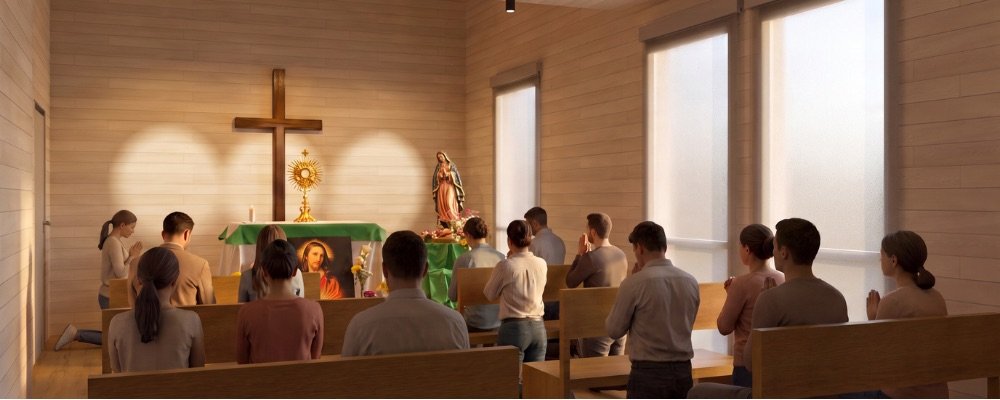Vue d'architecte du futur oratoire : une salle boisée et lumineuse, une croix au mur, l'ostensoir sur l'autel, une statue de la Vierge et des personnes en prière sur des bancs