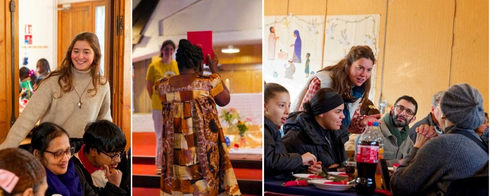 Deux photos côte à côte : des missionnaires de Misericordia souriantes au milieu de voisins, puis attablées avec eux lors d'un repas partagé